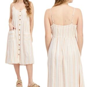 Roxy Striped Button Midi Dress XL Smocked Back Sundress Boho Coastal Beachy